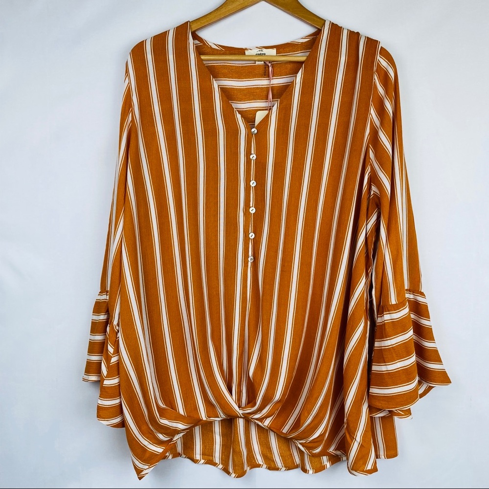 🆕 Striped V-Neck Blouse Draped Front Bell Sleeves - Picture 3 of 7